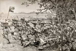 Sir Henry Morton Stanley en zijn mannen komen eindelijk uit het bos op het Grasland in 1887, tijdens hun Emin Pasha Relief Expedition in Afrika door English School