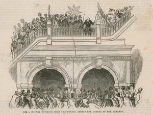 Sir Isambard Brunel trekt zich terug uit de tunnel te midden van het gejuich van het gezelschap door English School