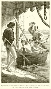 Sir John Nieuws arriveert bij de Rivier Postern van de Toren als Ambassadeur van de Rebellen door English School