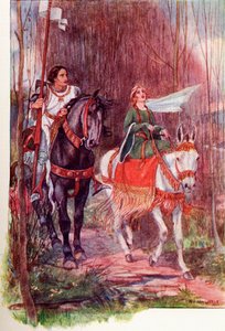 Sir Lancelot en Koningin Guinevere. Gekleurde illustratie uit het boek The Gateway to Tennyson gepubliceerd 1910. door English School