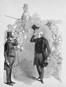 Sir Robert Peel arriveert bij het Lagerhuis, begroet door een 