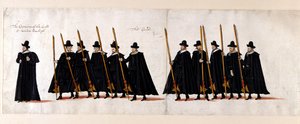 Sir Walter Raleigh, kapitein van de wacht, en de wacht. Deel van de begrafenisstoet van koningin Elizabeth I naar Westminster Abbey, 28 april 1603