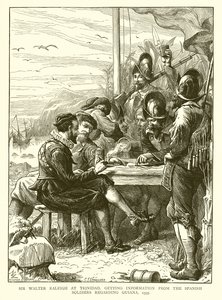 Sir Walter Raleigh in Trinidad, informatie inwinnen bij de Spaanse soldaten over Guiana, 1595 door English School