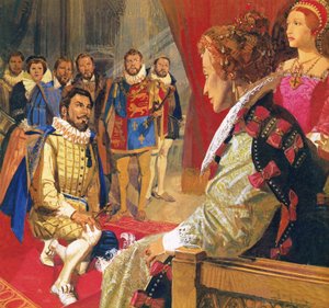 Sir Walter Raleigh voor koningin Elizabeth