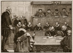 Sir Walter Raleigh voor de rechters, illustratie uit Cassells Geïllustreerde Geschiedenis van Engeland door English School
