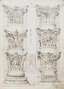 Zes kapitelen, een lesene en twee zuilbasissen, Folio 1, De meester van het Oxford-album, c.1512-17 door English School