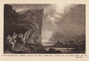 Zesde engel bevrijdt de vier engelen die gebonden zijn aan de rivier de Eufraat (gravure)
