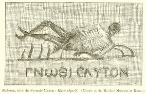 Skelet, met de Socratische spreuk: Ken uzelf. (Mozaïek in het Kircher Museum in Rome) door English School