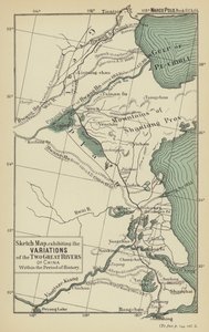 Schetskaart, die de variaties van de twee grote rivieren van China binnen de periode van de geschiedenis toont (kleur litho) door English School