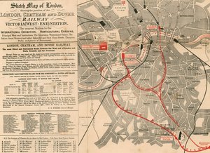 Schetskaart van Londen met de positie van de London, Chatham en Dover Railway