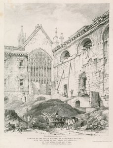 Schets van het zuidraam van Westminster Hall met de ruïnes van het House of Lords door English School
