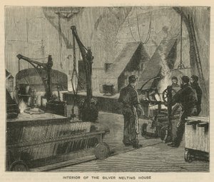 Schetsen bij de Royal Mint, Tower Hill; interieur van het zilversmelt huis door English School