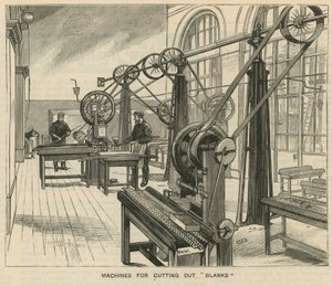 Schetsen bij de Royal Mint, Tower Hill; machines voor het uitsnijden van blanco