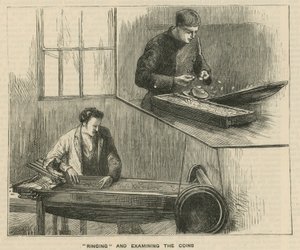 Schetsen bij de Royal Mint, Tower Hill; het luiden en onderzoeken van de munten