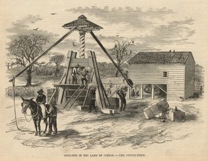 Schetsen in het land van katoen - de katoenpers (gravure) door English School