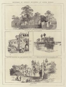 Schetsen van oude gebouwen in Dacca, Bengalen (gravure)