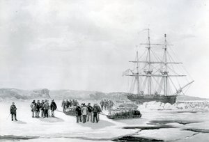 Sledepartij verlaat HMS Investigator in Mercy Bay, onder bevel van luitenant Gurney Creswell (lithografie)