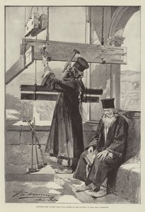 Het luiden van de houten klokken voor Pasen in het klooster van Mar Saba, Palestina (gravure) door English School