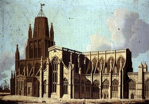 Zuidoostelijk uitzicht op de St. Mary Redcliffe kerk in Bristol, c.1800 door English School