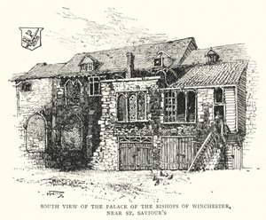 Zuidelijk uitzicht op het paleis van de bisschoppen van Winchester, nabij St Saviour