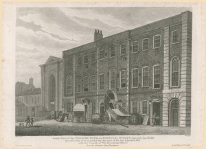 Zuidelijk uitzicht op het voormalige Theatre Royal in Portugal Street, Lincolns Inn Fields door English School