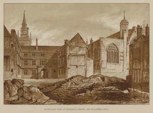 Zuidoostelijke aanblik van Guildhall Chapel en Blackwell Hall, City of London