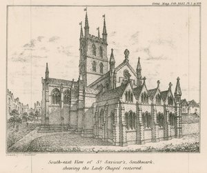 Zuidoostaanzicht van St Saviours Church, Southwark, met de gerestaureerde Lady Chapel door English School