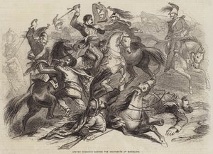 Spaanse dragonders die de opstandelingen in Barcelona neersabelen (gravure)