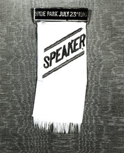 Sprekersbadge voor de Suffragette-bijeenkomst in Hyde Park, 23 juli 1910 (geborduurde zijde en metaal)