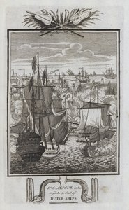 Sr G Ayscue neemt of zinkt 30 Nederlandse schepen (gravure) door English School
