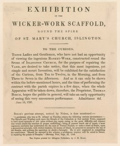 St Marys Church, Islington (oude kerk). Tentoonstelling van de vlechtwerk steiger door English School