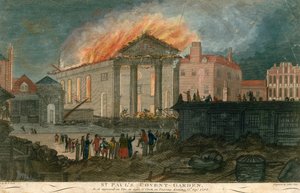 St. Pauls Church, Covent Garden, Londen, zoals het verscheen in brand om 8 uur op de avond van 17 september 1795