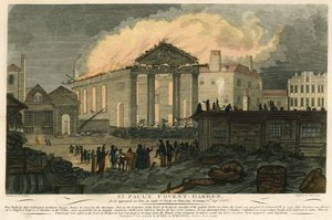 St. Pauls, Covent Garden, Londen, zoals het verscheen in brand op de avond van 17 september 1795 door English School