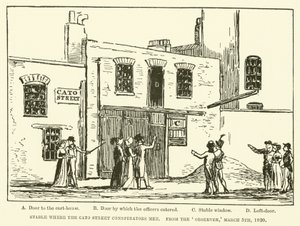 Stal waar de Cato Street-samenzweerders bijeenkwamen, uit de Observer, 5 maart 1820 (gravure)