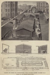 Stallen en winkels voor straatverkopers, nabij Columbia Market, Hackney Road, opgericht voor barones Burdett-Coutts door English School