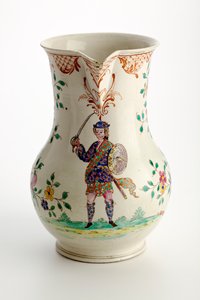 Staffordshire kan versierd met figuur in Highland kostuum, 1755 door English School