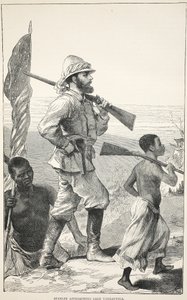 Stanley nadert het Tanganyikameer, illustratie uit De Geïllustreerde Editie van het Leven en de Ontdekkingen van David Livingstone door J. Ewing Richie, uitgegeven door A. Fullarton & Co., 1876