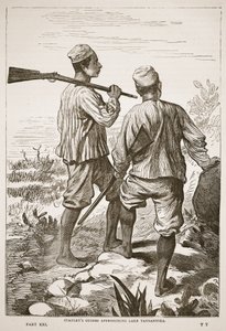 Stanleys gidsen naderen het Tanganyikameer, illustratie uit De Geïllustreerde Editie van het Leven en de Ontdekkingen van David Livingstone door J. Ewing Richie, uitgegeven door A. Fullarton & Co., 1876 door English School