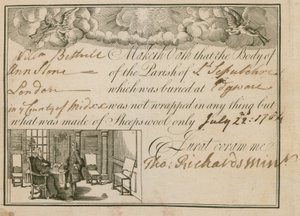 Verklaring dat Ann Slone werd begraven in schapenwol, 1784