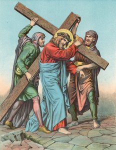 Station V Christus geholpen door Simon de Cyrene om het kruis te dragen