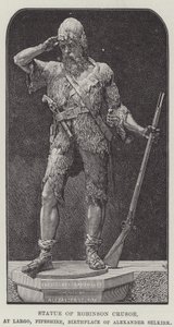 Standbeeld van Robinson Crusoe, in Largo, Fifeshire, Geboorteplaats van Alexander Selkirk (gravure) door English School