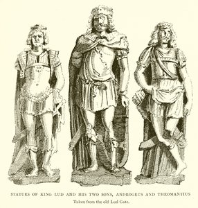 Standbeelden van koning Lud en zijn twee zonen, Androgeus en Theomantius door English School