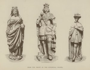 Beelden van Koningin Elizabeth I, Koning Karel I en Koning Eduard VI van de voorkant van Guildhall Chapel, City of London door English School
