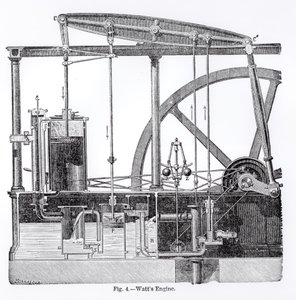 Stoommachine ontworpen door James Watt (1736-1819), door Bonnafoux door English School