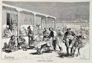 Straatscène, Yarkand, illustratie uit The Universal Geography, the Earth and its inhabitants door Elisee Reclus, uitgegeven 1878
