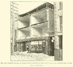 Straathuizen in Charleston beschadigd tijdens de aardbeving in South Carolina van 1886