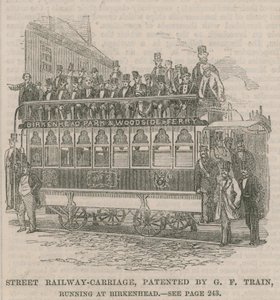 Straatspoorwegwagen, gepatenteerd door G F Train, rijdend in Birkenhead door English School