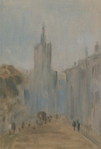 Straat met kerk en figuren door English School