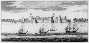 Fort Surat, Gujarat, India, ca. 1770 (gravure) door English School