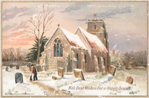 Sneeuw ruimen in kerkhof, kerstkaart door English School